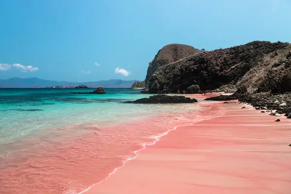 A beach with pink sand and rocky hills in the background