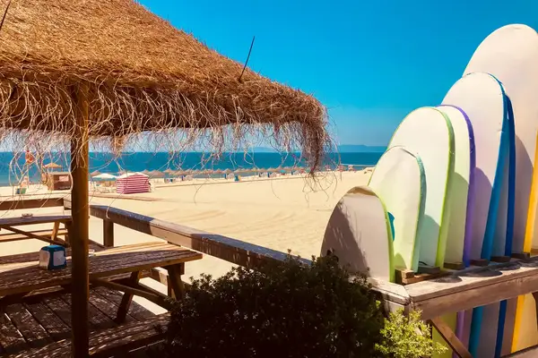 A scene of a coastal beach with surfboards stacked on a rack and a straw umbrella over a wooden table