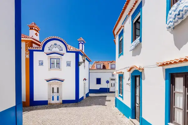 Traditional houses in a coastal village with architectural detailing and narrow cobblestone street