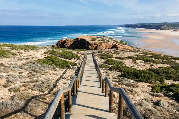 Wooden staircase leading to a coastal cliff and beach overlooking the sea