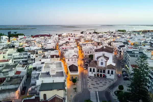 Aerial view of a coastal town with white buildings and a church near a body of water