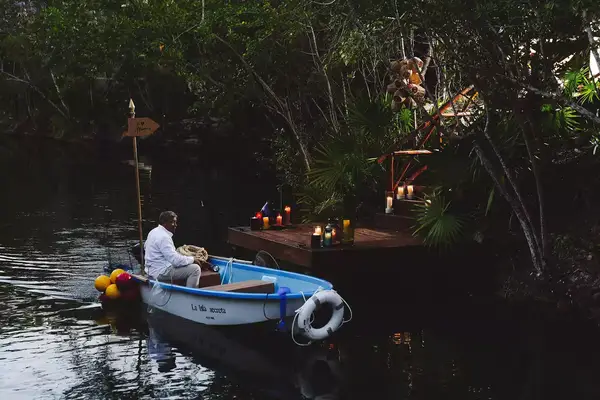 The boat ride that brings you to La Isla Secreta, the secret bar at Rosewood Mayakoba