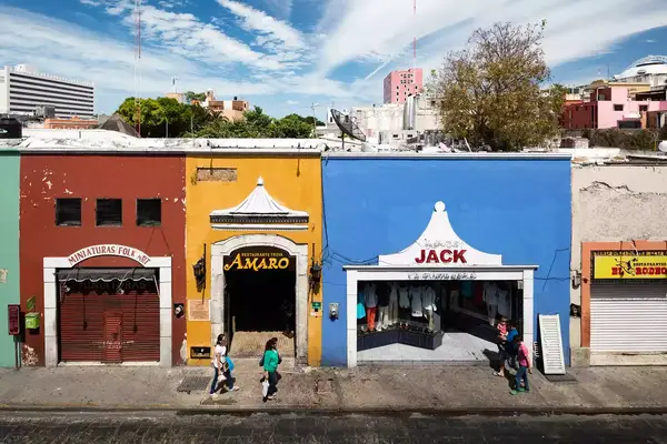 Colorful Mexican storefronts in the historical center of Merida, Mexico