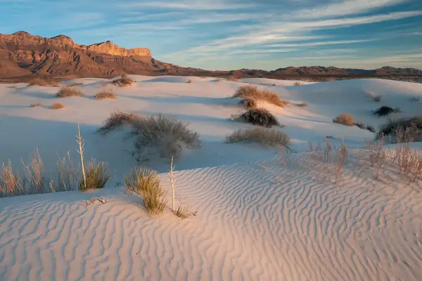 Sand dunes with vegetation and distant mountains under a clear sky
