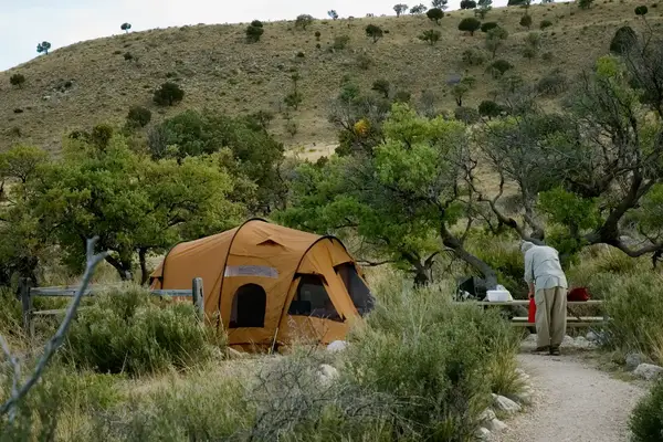A campsite with a tent and trees, a person standing by a table in a natural park setting