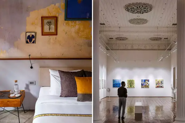 Two photos from Kochi, India, one showing a hotel room, and one showing a man looking at artwork
