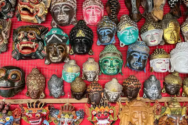 Traditional Balinese masks at a market in Bali, Indonesia