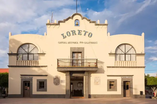 City Hall on Plaza Benito Juarez in Loreto, Baja California Sur, Mexico. Loreto was the first Spanish colonial city in Baja and the original capitol of all of California. According to some sources the oldest inhabited area of the Baja Peninsula. 