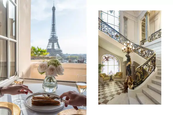 Two hands share a dessert with florals and view of Eiffel Tower. Interior stairwell of hotel property.