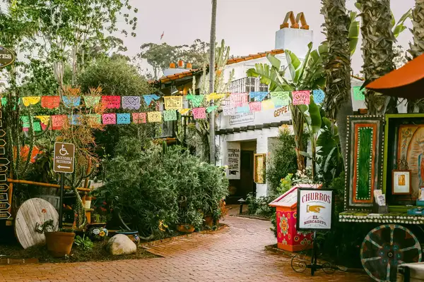 Colorful flags near food stands