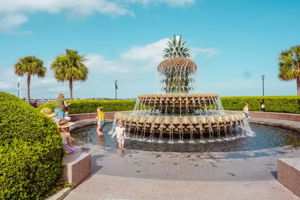Children playing in a fountain