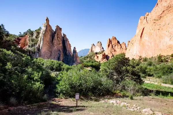 Red rock formations surrounded by green plants