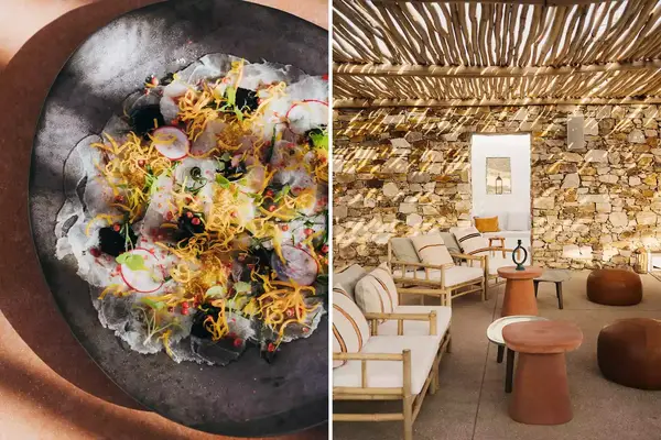 Two photos from the Rooster hotel on the Greek island of Antiparos, showing a plate of Cevice and a terrace lounge area