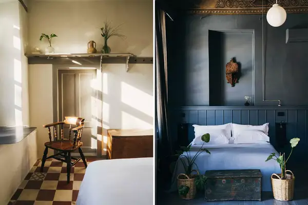 Two interior guest room photos from the 1900 Hotel in Greece