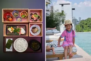 A pair of photos one showing bento boxes and the other a girl sitting by a swimming pool.