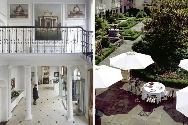 Split image showing a grand hotel interior and a view of the hotels outdoor dining space in a courtyard garden