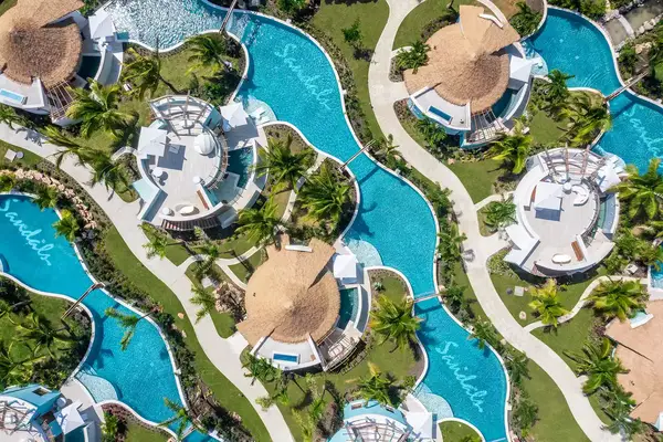 Aerial view of the Coyaba Sky Rondoval Villas and pools at Sandals Dunnâs River in Ocho Rios, Jamaica