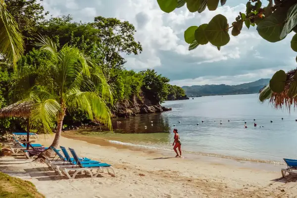 Tropical beach with a person walking along the shoreline and lounge chairs under palm trees, scenic waterfront landscape