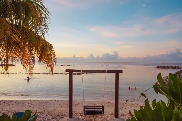 Beachfront swing facing calm ocean waters during sunset, a scenic tropical setting