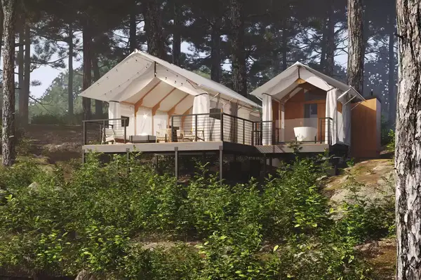 Rendering of safari style glamping tent at Skamania Lodge 