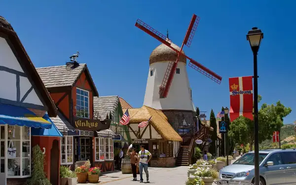 Windmill imitation and shops along Alisol Road in Solvang, California
