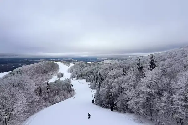 High up view of ski trails at Mont Tremblant
