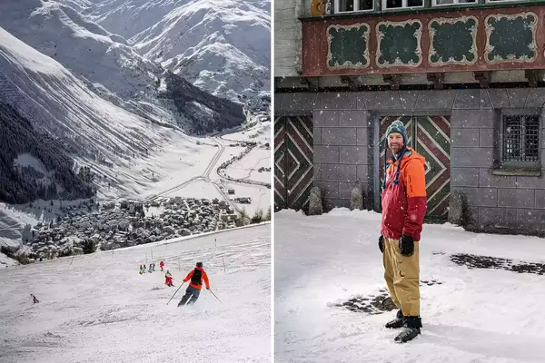 Two photos from Andermatt, Switzerland, showing a downhill skier, and a portrait of ski guide Dan Loutrel