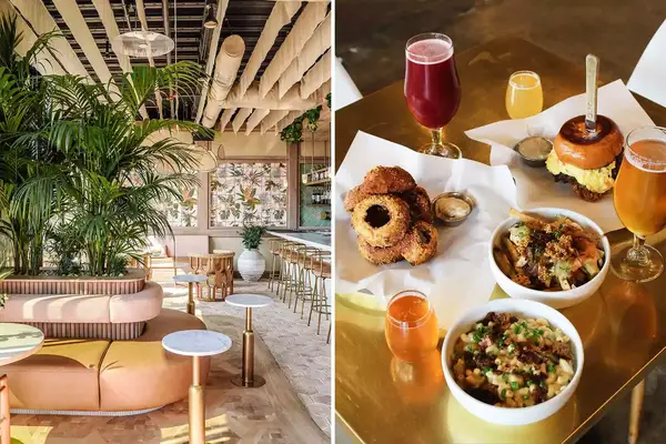 Two restaurant scenes from Encinitas, California, including a tropical pink interior, and vegan food and beer