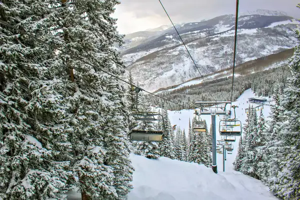 Empty ski lift by snowy evergreen tree in Vail, Colorado