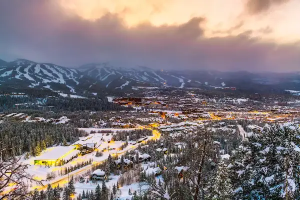 Breckenridge, Colorado in winter at dusk.