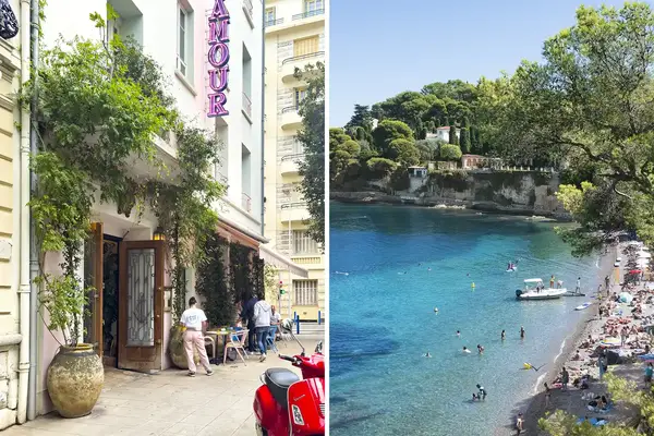 Twopanel image featuring an exterior view of the Amour establishment on the left and a beach scene with people and turquoise waters on the right