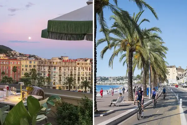 Two scenic views of Nice France showcasing colorful architecture under a sunset and a promenade lined with palm trees and cyclists
