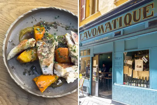 A plate of roasted chicken and vegetables the facade of the restaurant Lavomatique
