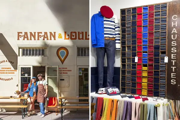 A collage showing the exterior of Fanfan Loulou store and a rack of socks displayed inside