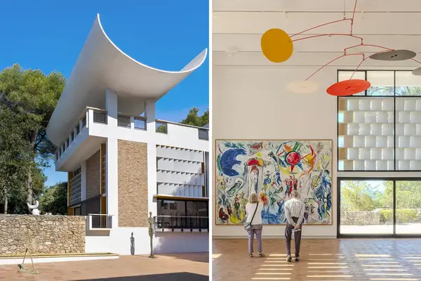 On the left an exterior view of a building on the right two people observe art in a gallery