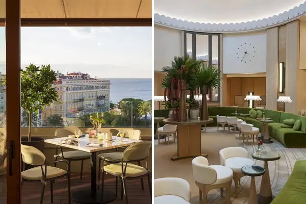 Sidebyside view showing an outdoor terrace overlooking the waterfront and a stylish hotel lobby with modern furniture