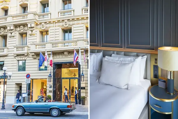 Front of Anantara Plaza Nice hotel and interior view of a guest room with a bed and side lighting