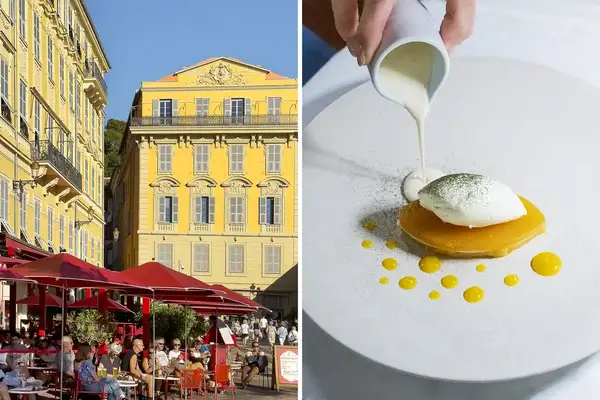 A split image showing a European outdoor cafe scene beside a plated gourmet dessert being garnished with poured sauce