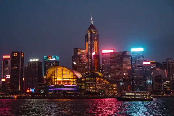 A skyline of lit up at night.