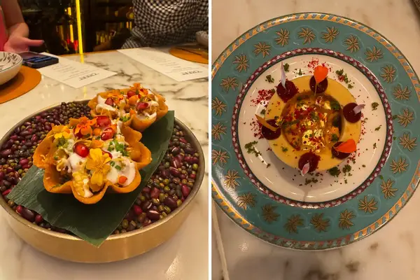 decorated and ornate dishes on colorful plating.