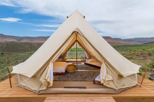 Looking through a glamping tent at Zion Wildflower Resort