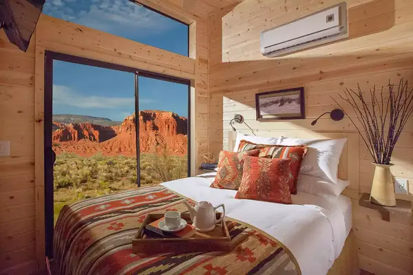 Interior and view from the Two Bedroom Cabin at Capitol Reef Resort