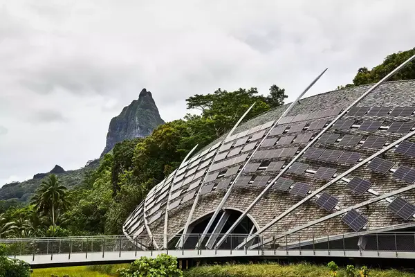 Solar paneled exterior of the Fare Natura ecomuseum on Moorea