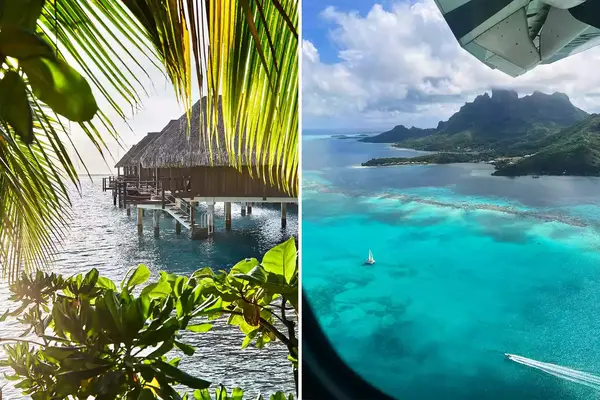 Pair of photos from French Polynesia showing overwater bungalows at the Sofitel Moorea, and an aerial view of the island of Bora Bora