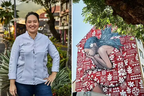 Pair of photos from Papeete, Tahiti, showing chef Maheata Banner, and a red and white mural painted on the side of a building