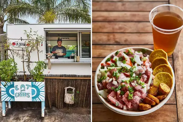 Pair of photos from Pura Vida food truck on Moorea, showing the food truck