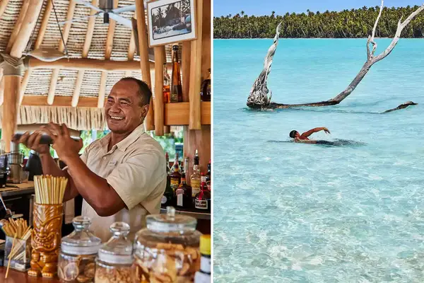 Pair of photos from the Brando luxury resort in French Polynesia, showing a bartender, and a swimmer in turquoise water