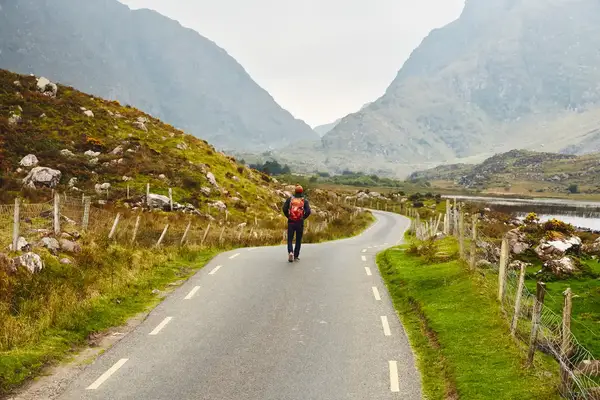 Person walking on a road surrounded by mountains and grassy landscape likely a hiking destination