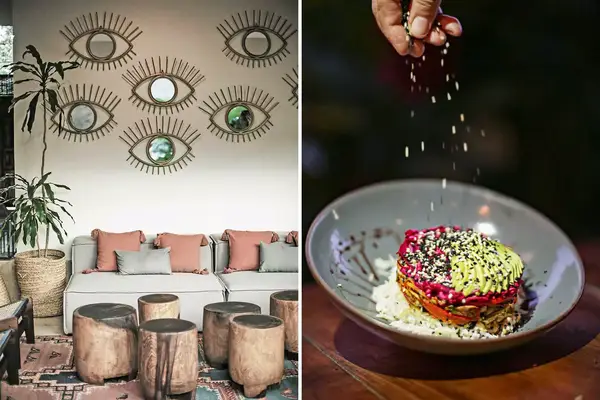 Two photos show an interior of Casa Hormiga hotel, with mirrors shaped like eyes, and an avocado, rice, and vegetable dish at La Playita beach club