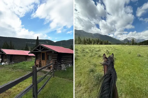 A split image showing a log cabin with a red roof in a mountain setting on the left and a horse view over a grassy field on the right